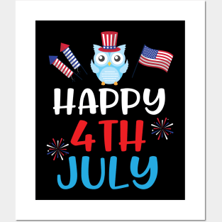 Owl With US Flag Hat Fireworks Happy Independence July 4th Day Americans Dad Mom Son Daughter Posters and Art